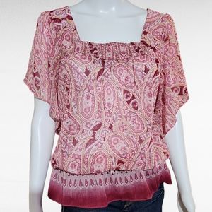 Mudd Pink Paisley Sheer Peplum Square Neck Blouse Size Large